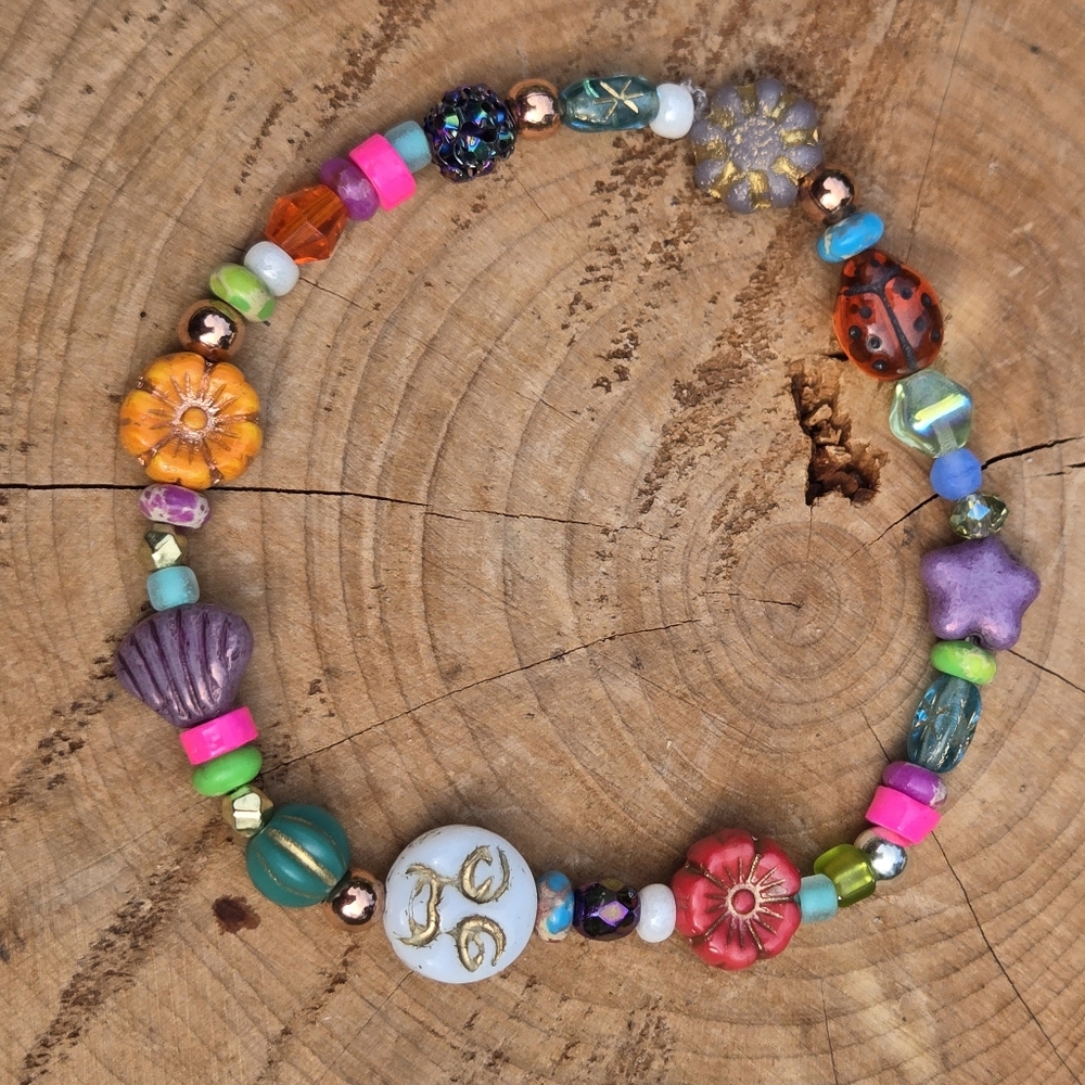 Boho Celestial Moon Flower Multi Color Mixed Bead Stretch Bracelet Dopamine - Picture 5 of 6